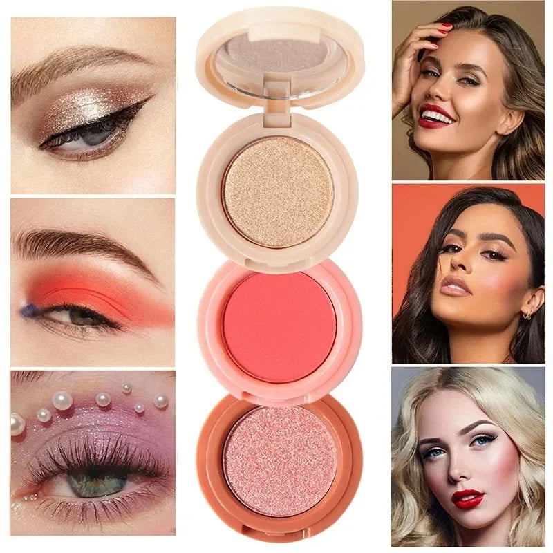 3 In 1 Bronzer Blusher Highlighter Shimmer Orange Pink Matte Rouge Glow Face Palette Blush Eye Shadow Multi-Layered Eye Makeup