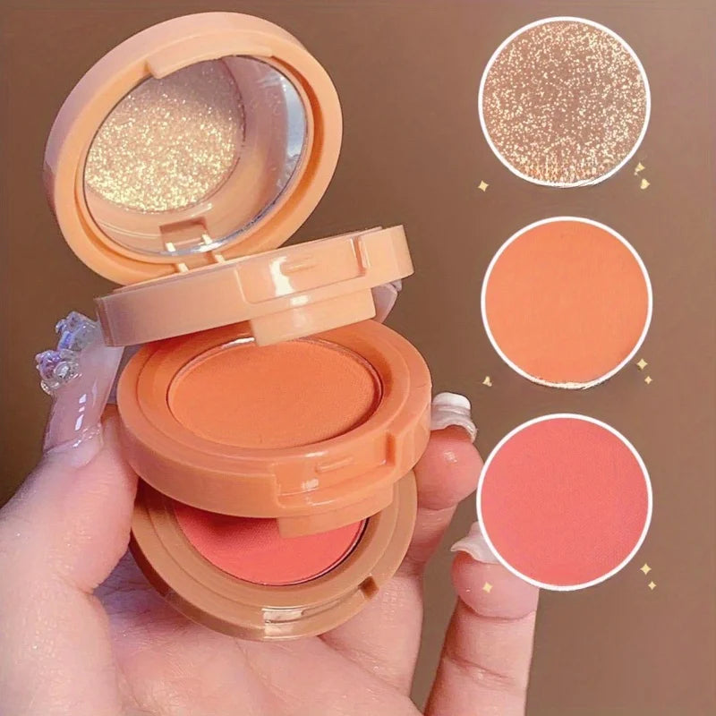 3 In 1 Bronzer Blusher Highlighter Shimmer Orange Pink Matte Rouge Glow Face Palette Blush Eye Shadow Multi-Layered Eye Makeup