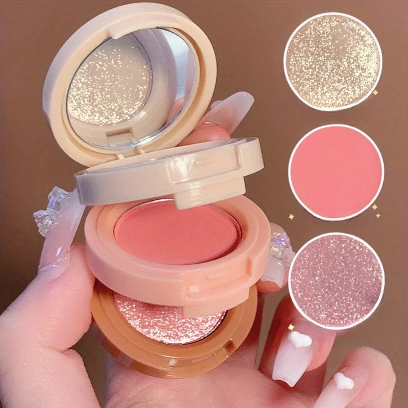 3 In 1 Bronzer Blusher Highlighter Shimmer Orange Pink Matte Rouge Glow Face Palette Blush Eye Shadow Multi-Layered Eye Makeup