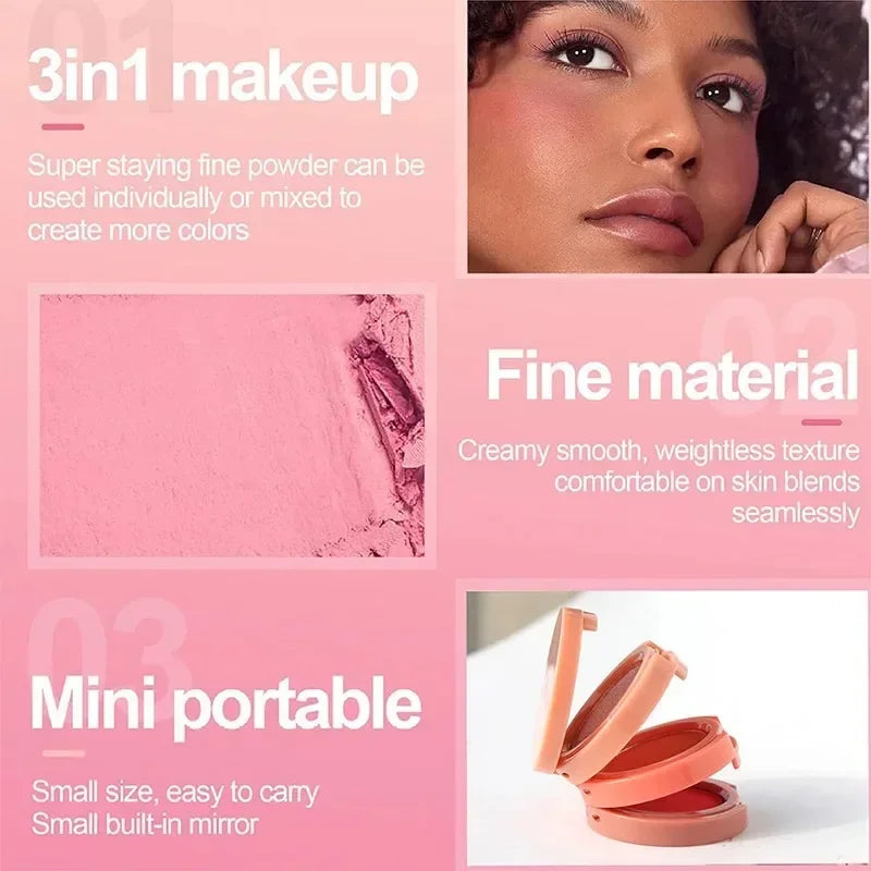 3 In 1 Bronzer Blusher Highlighter Shimmer Orange Pink Matte Rouge Glow Face Palette Blush Eye Shadow Multi-Layered Eye Makeup