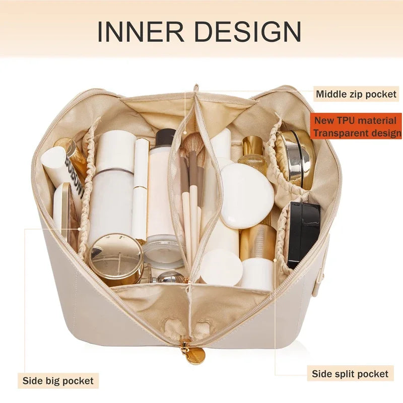 Large Travel Cosmetic Bag for Women Leather Makeup Organizer Female Toiletry Kit Bags Make Up Case Storage Pouch Luxury Lady Box