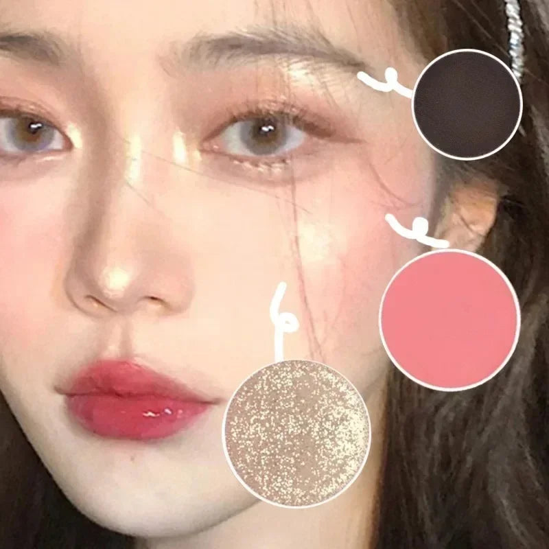 3 In 1 Bronzer Blusher Highlighter Shimmer Orange Pink Matte Rouge Glow Face Palette Blush Eye Shadow Multi-Layered Eye Makeup